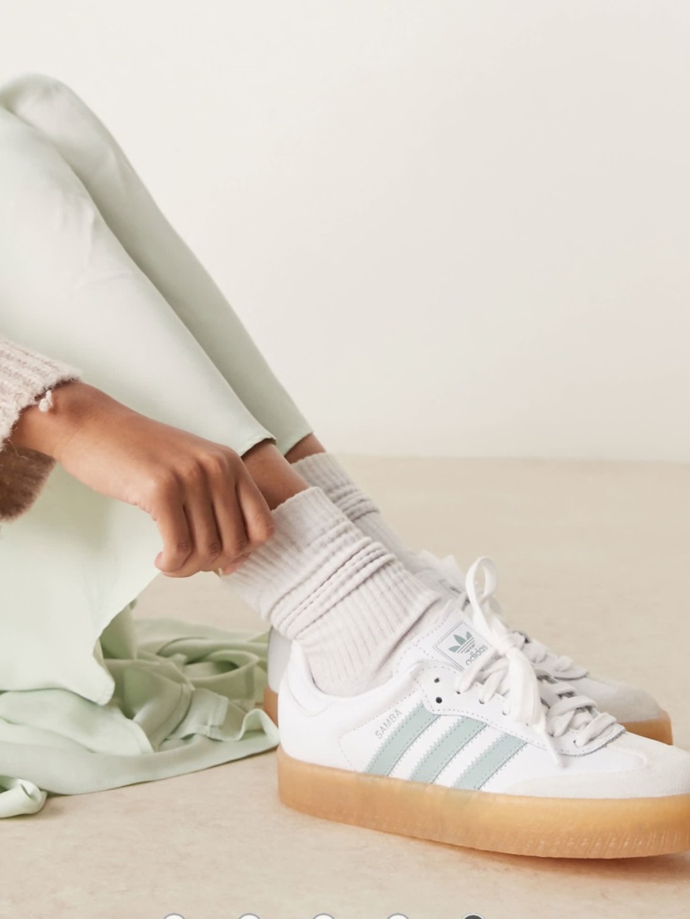 adidas samba Women’s White Sneakers with Light Green Stripes and Gum Platform - Picture 2 of 10